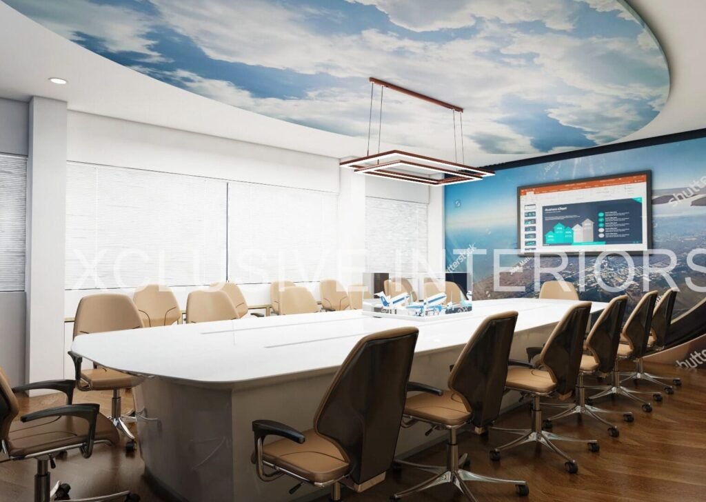 Large conference meeting room interior design with modern table, seating, and lighting