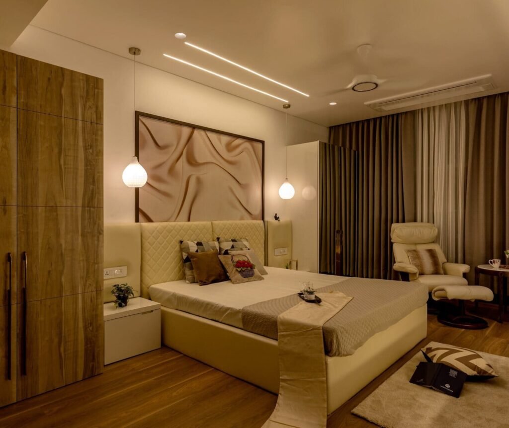 Master bedroom interior design with luxury styling in Panchshil Towers residence