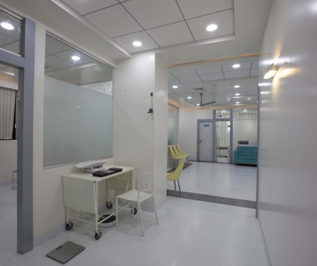 Advanced hospital treatment room interior with medical storage solutions