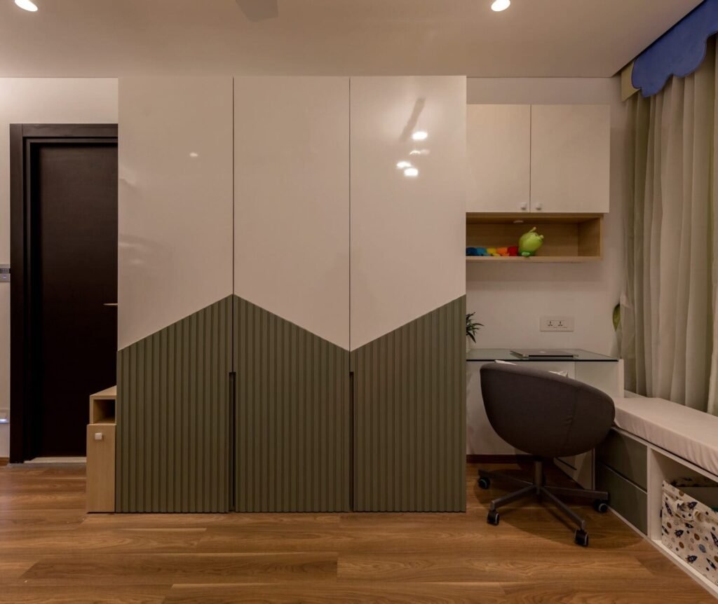 Home office interior design with custom work desk and storage