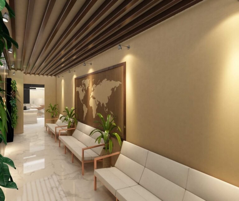 Contemporary corporate lobby design showcasing clean finishes and brand aesthetics