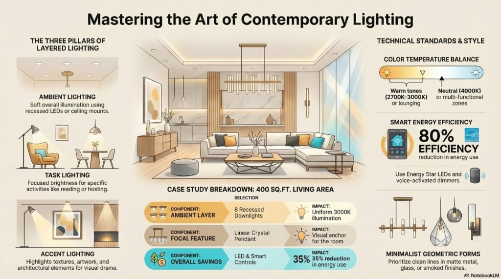 Modern interior lighting design with ambient, infographic task